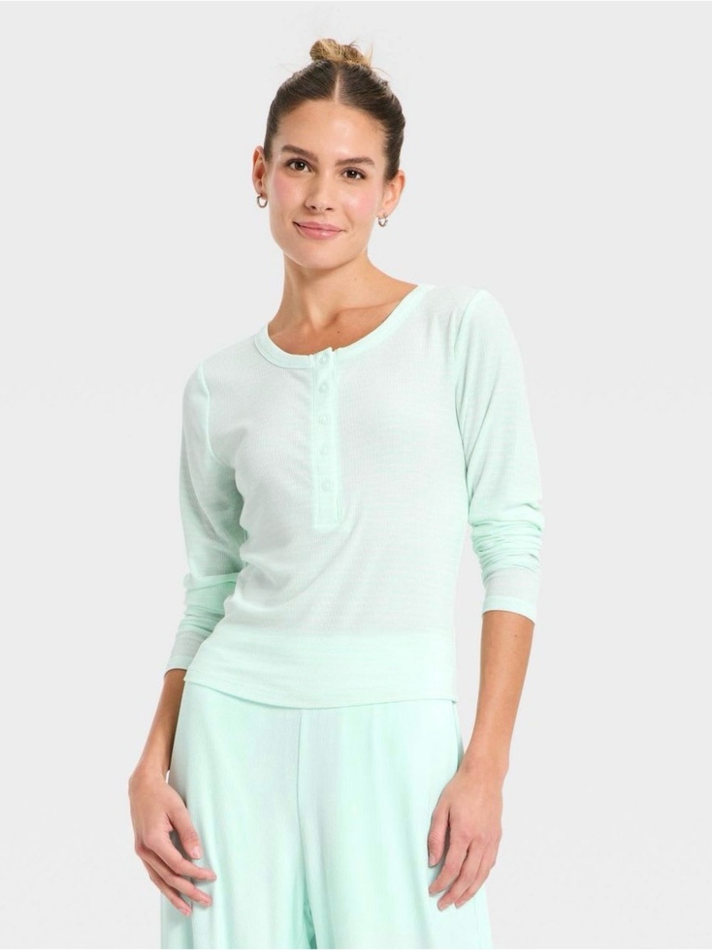 NWT All In Motion Women's Modal Ribbed Henley Long Sleeve Top - Mint Green